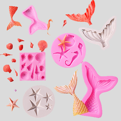 海洋硅胶模具蛋糕装饰海星海马海螺美人鱼尾diy巧克力翻糖装饰模