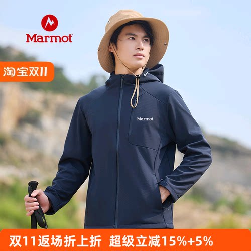 MARMOT土拨鼠软壳冲锋衣男加绒加厚秋冬连帽夹克户外登山骑行外套