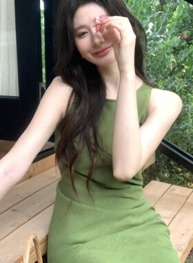 新款天丝苧麻复古长版无袖背心洋装女夏季收腰显瘦气质长裙绿色麻