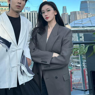 夏款刘令姿明星同款羊毛西装外套女2025春季新款法式复古灰色西服