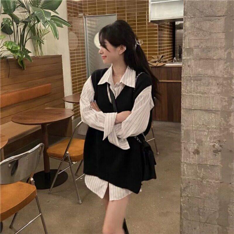 夏季宽松中长版白色条纹衬衫女配V领无袖针织衫马甲多巴胺穿搭两