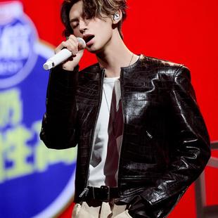 冬款小鬼王琳凯明星同款鳄鱼纹皮衣垫肩外套秋冬季时尚百搭夹克外