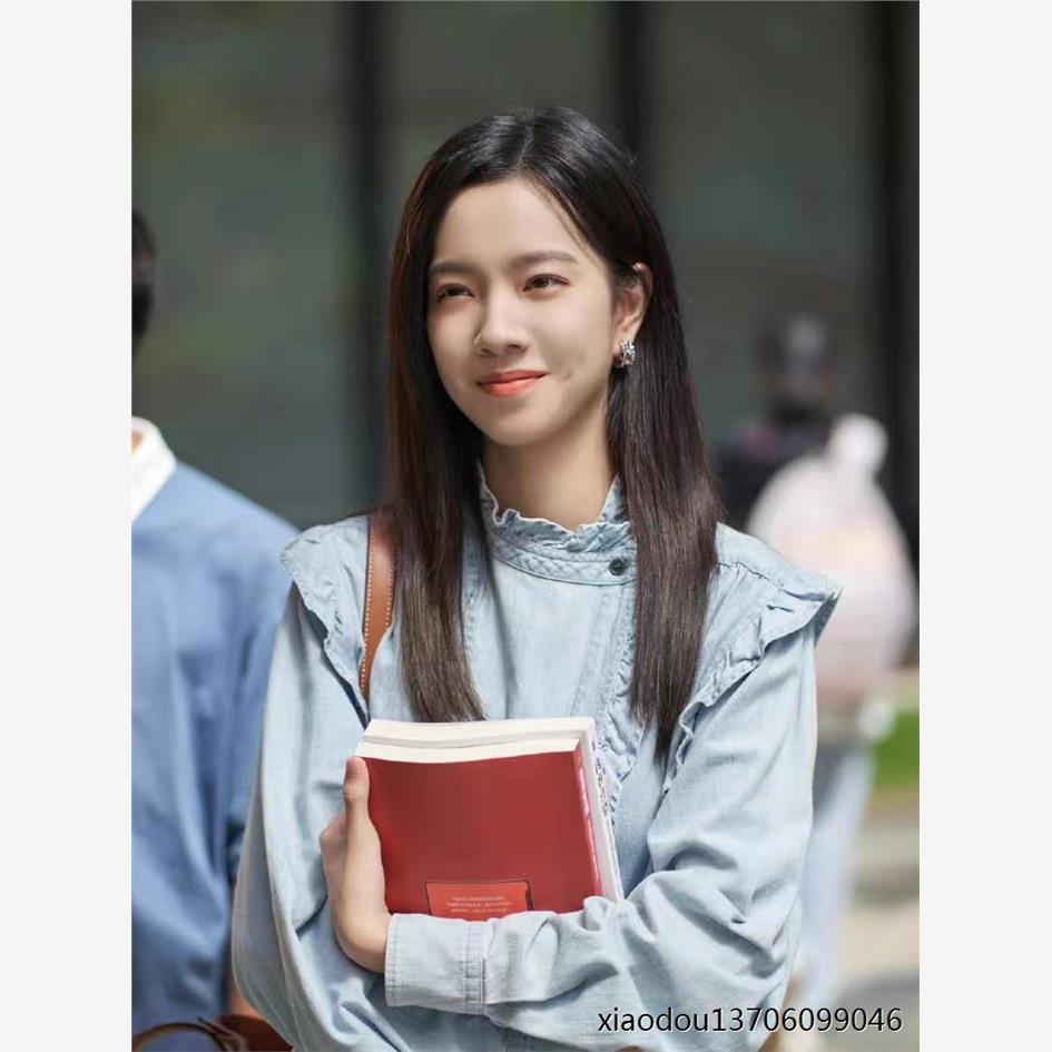 2024秋庄达菲林语惊同款蓝色木耳边立领牛仔衬衫女宽松复古上衣