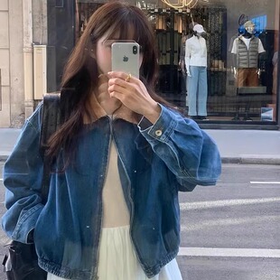 冬款韩国2025秋季新款objet宽松复古翻领撞色牛仔外套女休闲短款