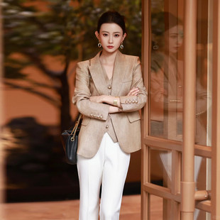 夏款轻奢金丝亚麻马甲西装套装女春秋高腰微喇裤气质高级感西服三