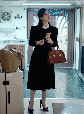 夏款蜜语纪朱珠许蜜语同款衣服赫本风黑色长袖连衣裙女收腰白领小