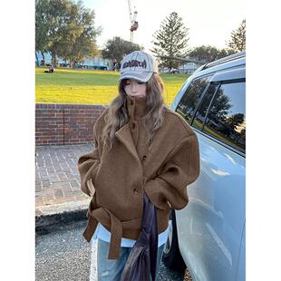 冬款金敏喜立领棕色短款羊毛大衣女2026冬季加厚小个子高级感毛呢