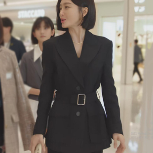 香港闪耀的她秦岚管文同款2023韩版黑色修身系带西装长裤两件套女