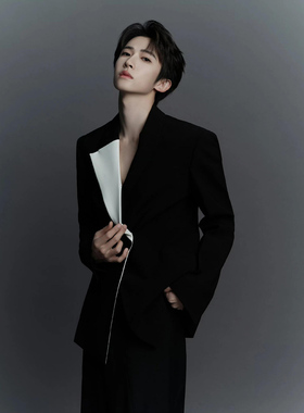 冬款刘宇明星同款黑色修身男士西服外套个性高级感韩版垫肩痞帅西