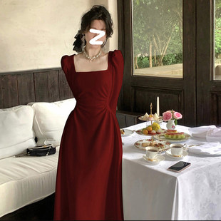 冬季法式红色长袖连衣裙女春秋聚酯纤维高腰订礼服敬酒服日常穿潮
