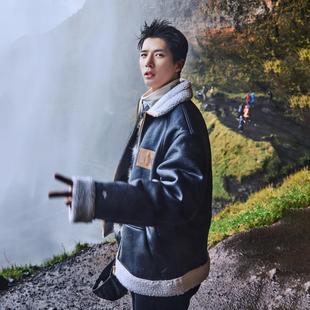 冬款王安宇明星同款羊羔毛皮毛一体男士外套秋冬翻领加绒加厚皮夹