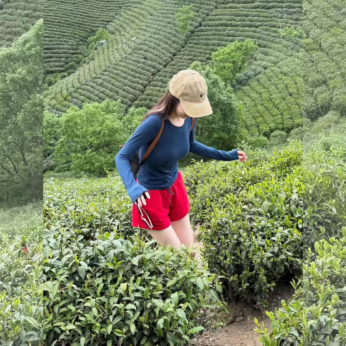 秋季韩系休闲套装女夏季蓝色修身长袖T恤红色运动短裤显瘦减龄两