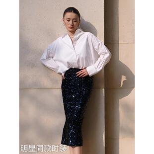 香港宋佳明星同款网红时尚炸街欧货免烫抗皱弹力棉女长袖防晒衬衫