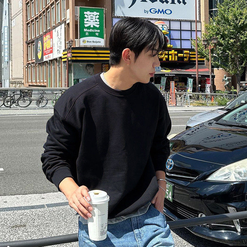 新款花灰色无帽圆领卫衣男生韩系早秋穿搭重磅慵懒内搭正肩套头潮