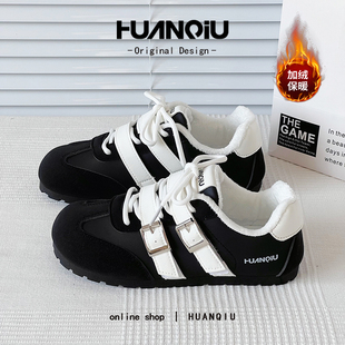 环球黑色巨好看加绒保暖德训鞋女款2025新款棉鞋百搭休闲复古板鞋
