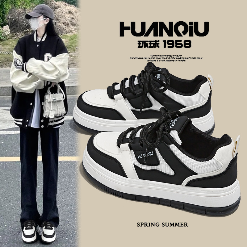 环球网鞋透气网面厚底小白鞋女2025新款夏季薄款百搭学生运动板鞋