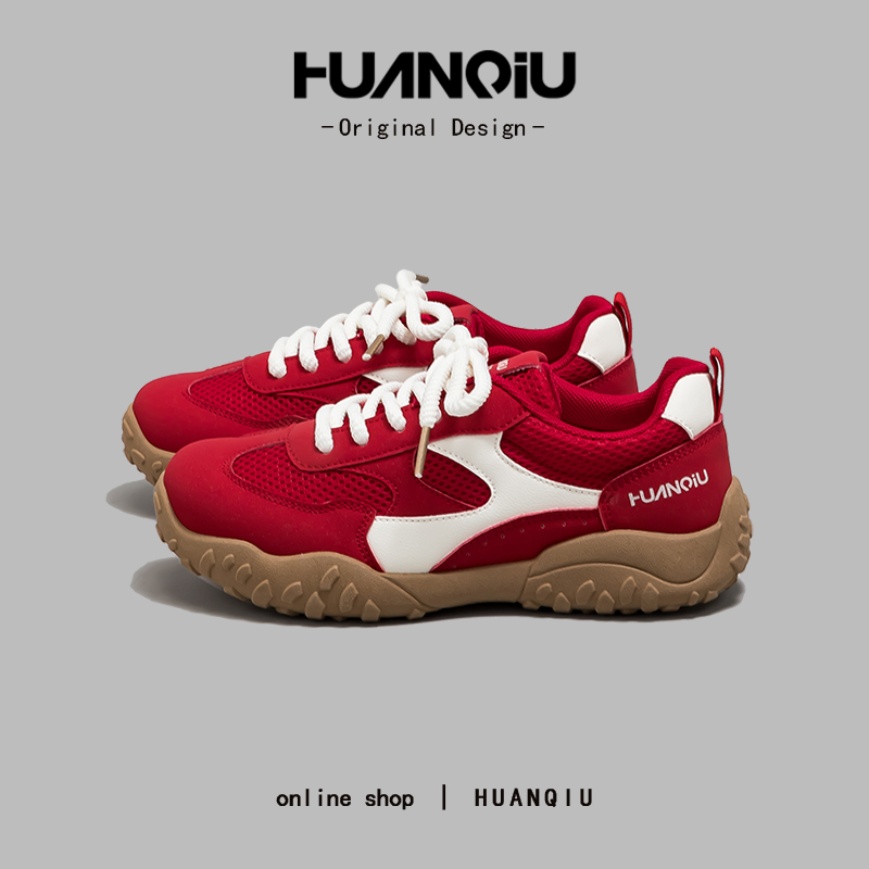 环球红色户外登山鞋女原创设计感秋季百搭轻便耐磨防滑透气运动鞋