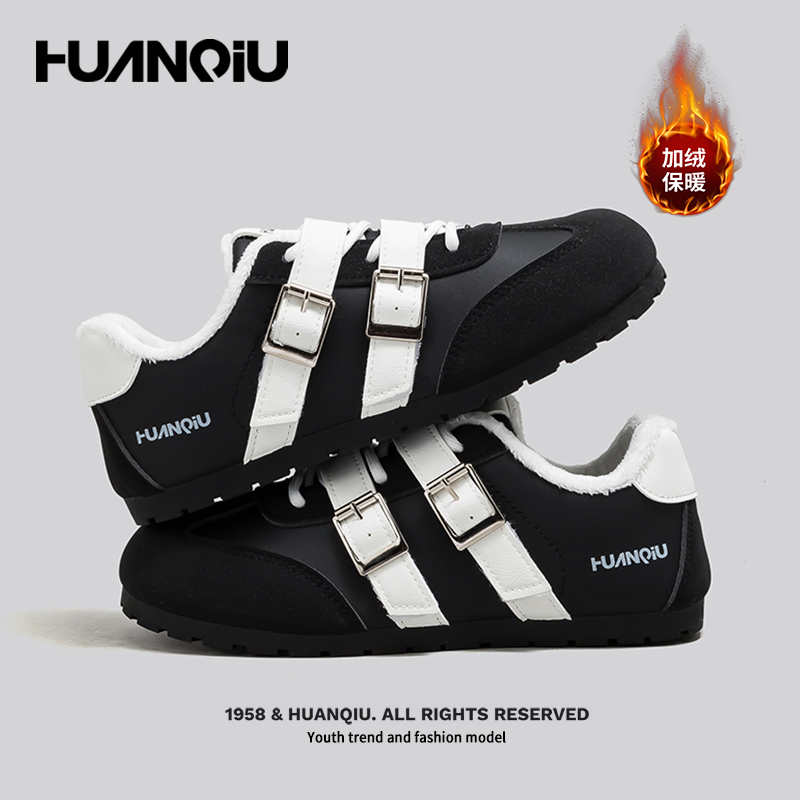 环球加绒女鞋黑色搭扣2025巨好看德训鞋女软底百搭运动小白鞋板鞋