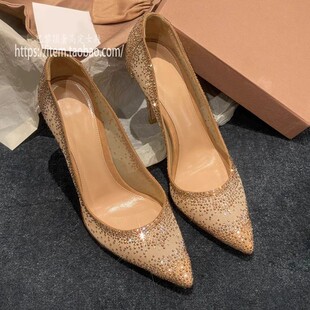 巴黎【顶奢】浅口尖头网纱水钻高跟鞋女细跟水晶鞋主婚纱婚鞋单鞋