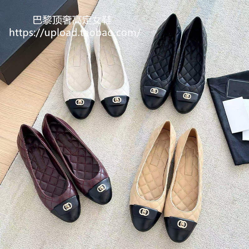 巴黎【顶奢】小香风单鞋女圆头浅口拼色蝴蝶结新款平底芭蕾舞鞋