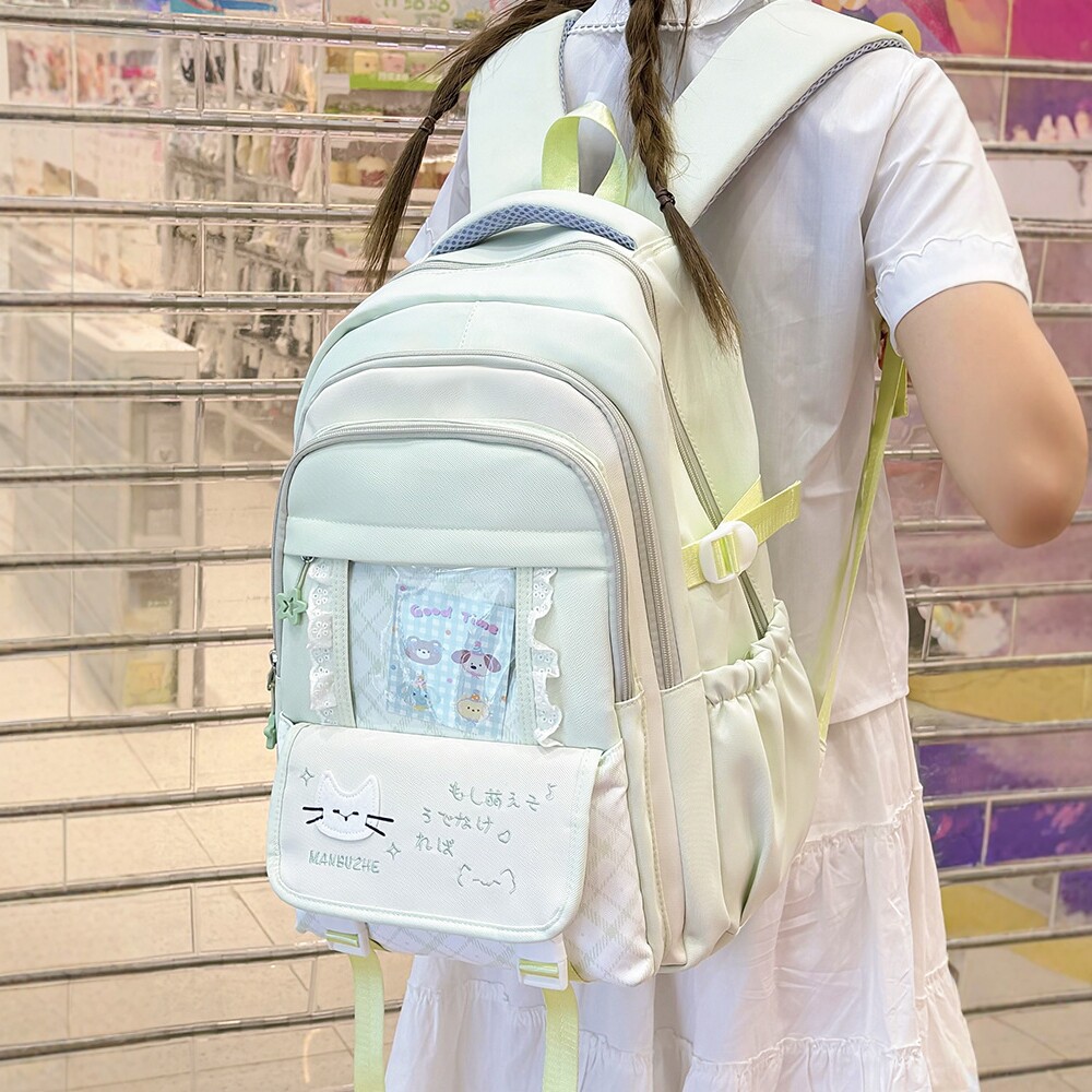 2026清新好看蕾丝花边刺绣猫咪文字图杂透明前袋少女双肩学生书包