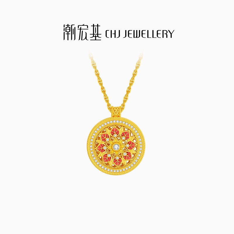 潮宏基臻金臻钻足金钻石翡翠项链套链5G黄金珐琅古法花丝镶嵌