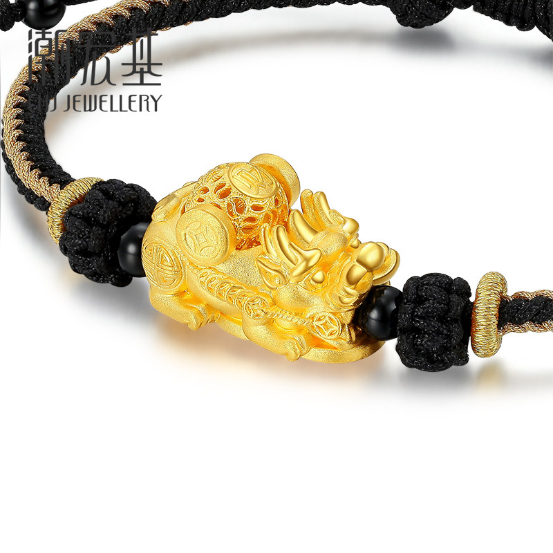 潮宏基 财源滚滚 黄金手链貔貅足金串珠手绳三帝钱转运珠手饰f