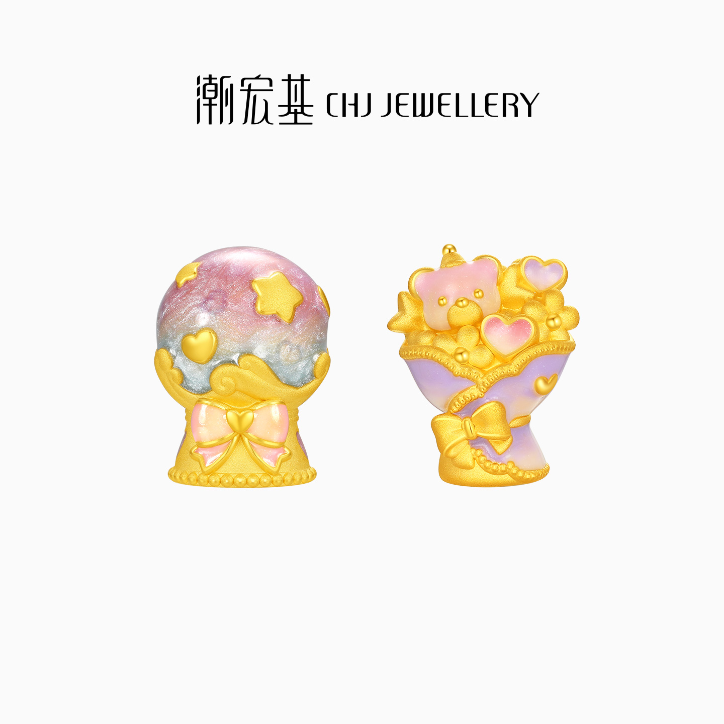 潮宏基亲挚小熊花束足金摆件黄金车摆件3D硬金珐琅手把件生日礼物