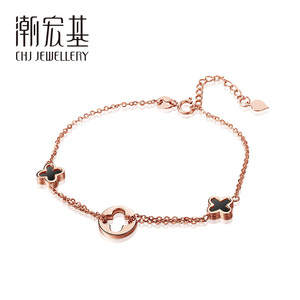 潮宏基珠宝小确幸影约四叶草18K金贝壳/玛瑙镶嵌手链玫瑰金手饰F