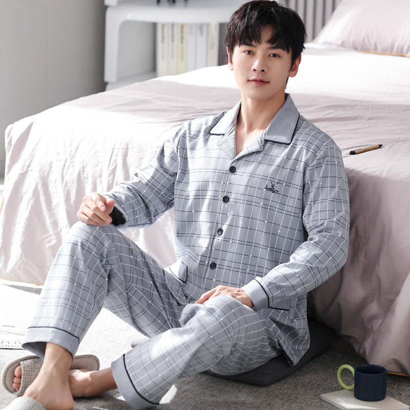 品牌秋季男士睡衣纯棉长袖格子套装男款全棉加肥加大码爸爸家居服