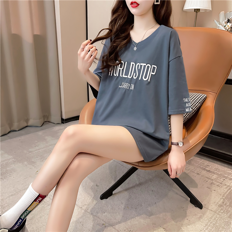 Real shot oversize loose upper collar embroidered short sleeve t-shirt female summer Korean version