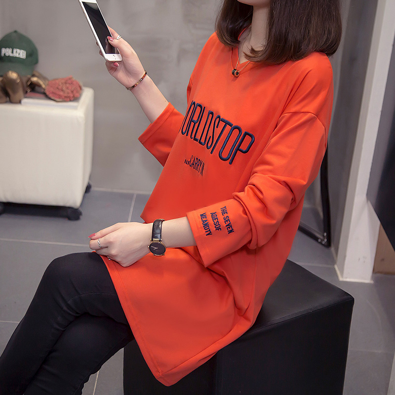 Real cotton spring new large size fat sister Jin collar embroidery medium length long sleeve T-shirt