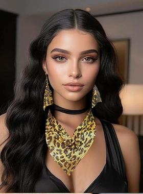 女欧美性感亮珠片丝巾设计感领式项链耳坠套装个性夸张三角巾锁骨