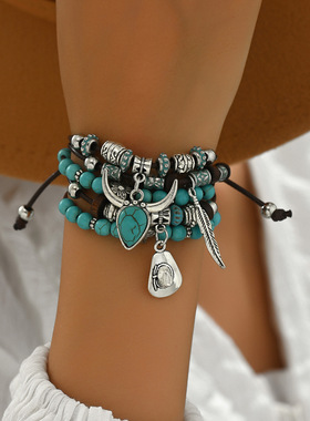 新品欧美民族风波西米亚绿松石牛头帽子流苏手工多层手链手绳
