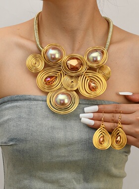 necklace women新款欧美夸张项链耳饰三件套 手工缠绕华丽大珍珠