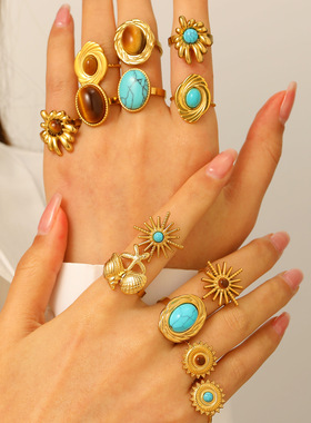 欧美复古夸张松石不锈钢戒指女手饰高级感ins不规则开口指环