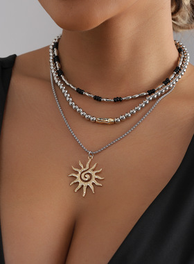 欧美复古太阳花吊坠项链女多层