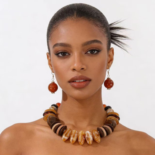 新款 女配饰品necklace 树脂木片复古欧美锁骨链颈链耳环套装