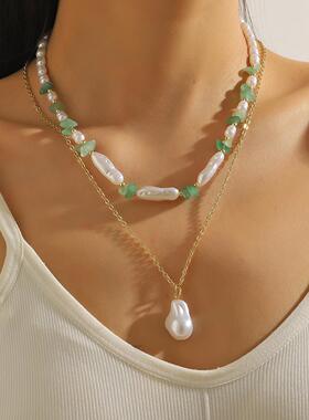 时尚个性新品2024春夏款欧美项链碎石双层高级感ins 珍珠锁骨链