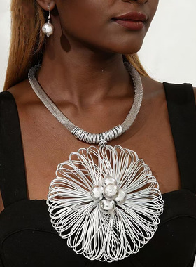 欧美夸张铝丝大花朵吊坠项链耳环