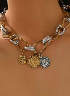 欧美时尚个性双色麻花链几何吊坠