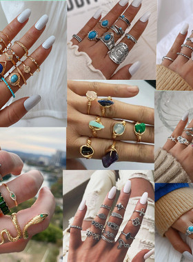 时尚西米亚松石树叶戒指女