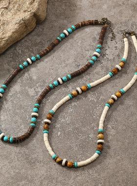 necklace women跨境欧美简约椰壳天然绿松石隔片小众男士项链饰品