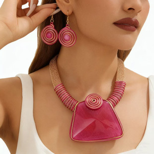 仿水晶树脂梯形吊坠项链手工铝条编制项链耳环套装 饰品necklaces