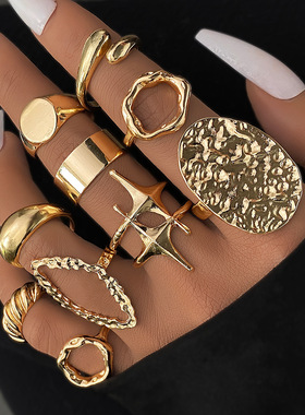 rings women欧美几何金属风熔岩线条戒指10件套个性夸张开口戒指