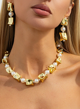 欧美个性几何异形珍珠串珠项链