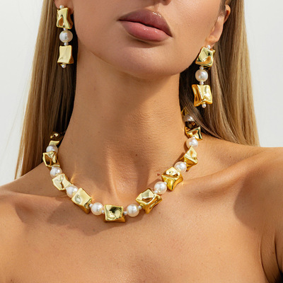 欧美个性几何异形珍珠串珠项链