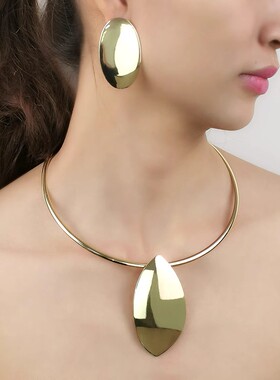 欧美夸张时尚铁片吊坠项链项圈耳环套装 潮流气质颈圈舞台配饰女