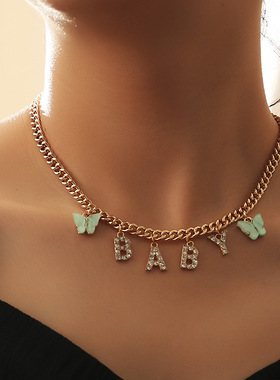 Diamond letter baby butterfly Angel Necklace镶钻字母蝴蝶项链