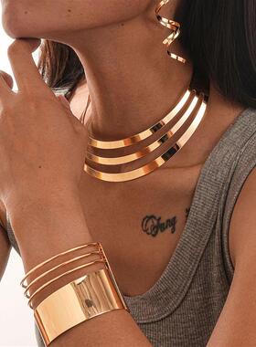 欧美新款个性首饰套装 时尚外贸多层项圈手镯耳钉3件套装饰品
